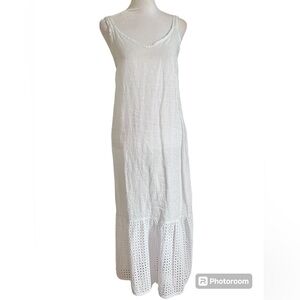 Francesca Bettini Italian White Linen V-Neck Eyelet Ruffle Hem Midi Dress Medium